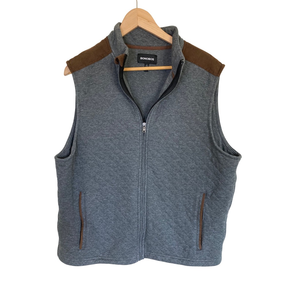 Bonobos Mens Grey Quilted Full Zip Vest Brown Microsuede Trim L 1896297